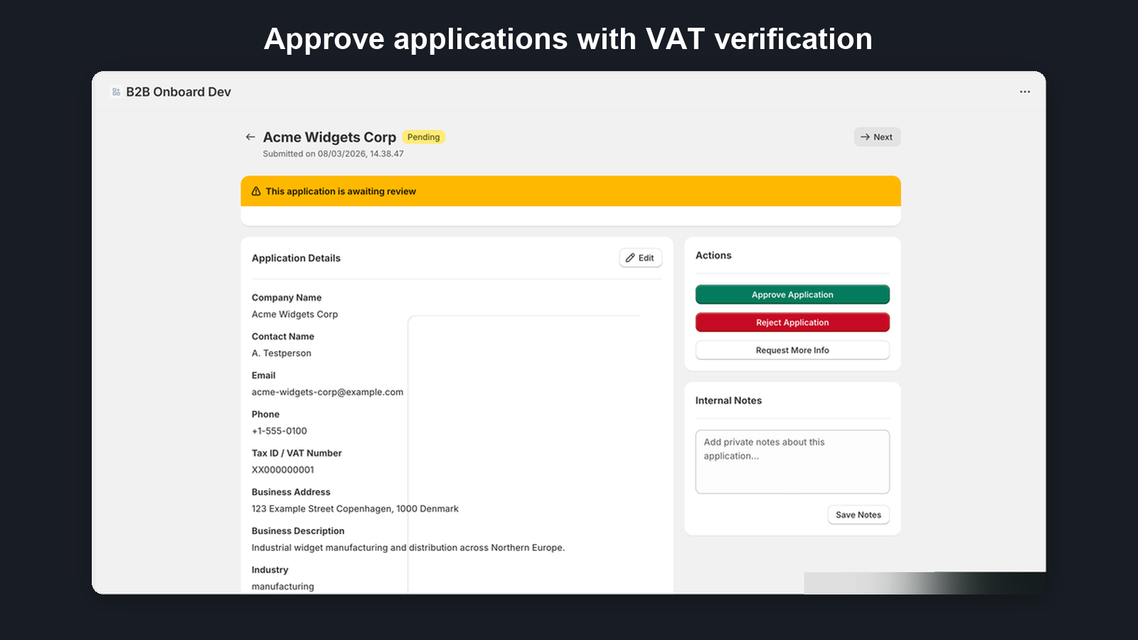 Application detail page with VAT verification and approve/reject buttons