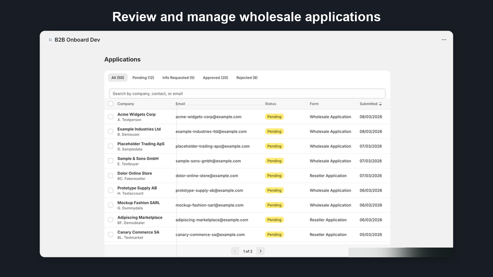 Applications list with status badges and filtering options
