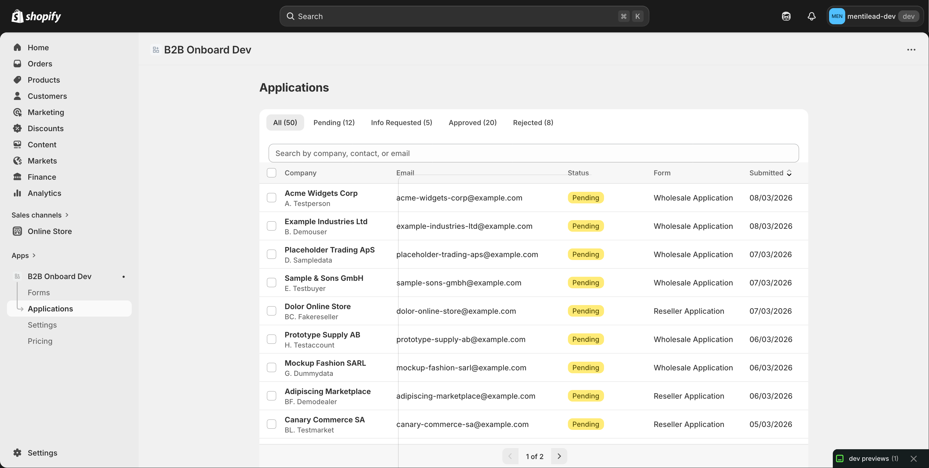 B2B Onboard applications list with approve and reject actions in Shopify admin