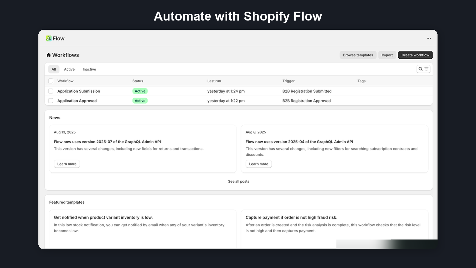 Shopify Flow workflows list showing active B2B Onboard automations
