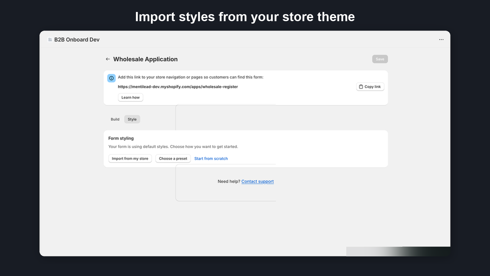 Style tab with options to import from store theme, choose a preset, or start from scratch