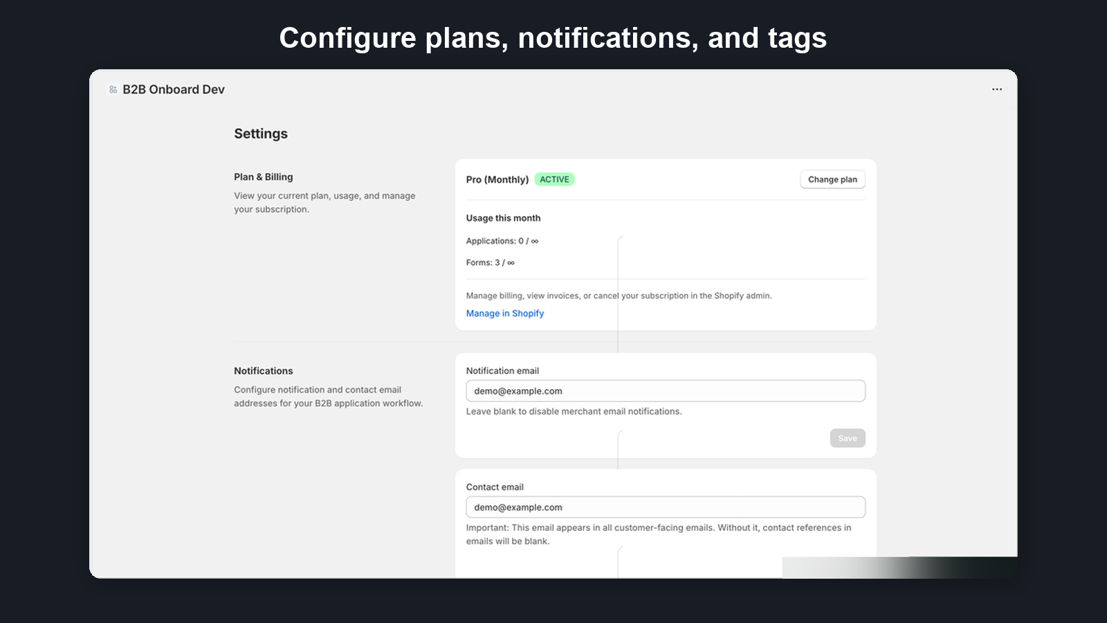Settings page showing plan, notifications, and configuration options
